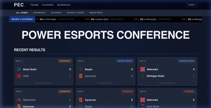 Custom esports web development project for Power Esports Conference built by Ashton Coplin